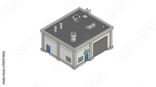 Isometric illustration of a commercial building with two doors and skylights on the roof