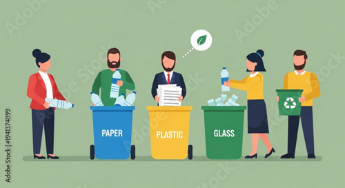 People sorting recyclable materials into color coded bins for paper plastic and glass promoting eco friendly waste management practices