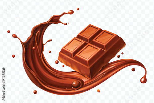 realistic 3d chocolate bar into liquid chocolate splash with bubbles in curve style isolated on transparent background