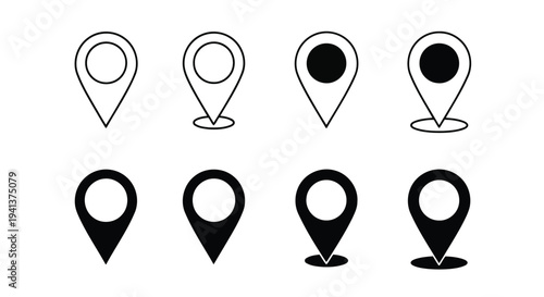 Variations of location pin icons with different fill styles and orientations