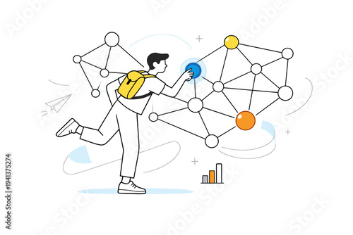 Machine learning. Human figure interacting with abstract neural network, glowing nodes and connecting lines floating around. Feeling of intelligence, learning,