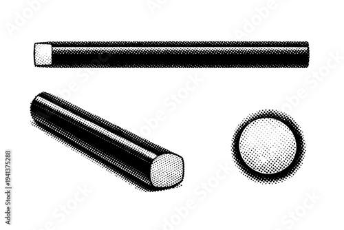 Unsharpened pencil A new unsharpened pencil with flat end, intact lacquered body, and clean geometry shown from side, angled, and end-on views as a single