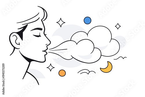 Cool Breath. Close-up profile of a person exhaling softly, visible breath drawn as clean graphic shapes. Quiet, focused moment emphasizing purity, clarity, and