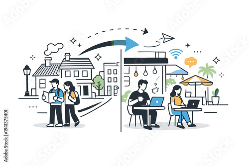 Urban change through digital nomads. A split-scene street with traditional houses on one side and modern cafes with laptops on the other. Gradual transition,