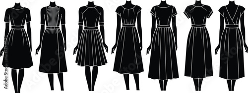 Set of elegant women dress silhouettes, vintage and modern fashion collection, black midi and knee length dresses isolated on white background for design and branding