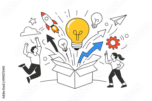Think outside the box ideas. Open box transforming into lightbulbs, arrows, and unexpected shapes. Moment of insight and unconventional thinking captured in a