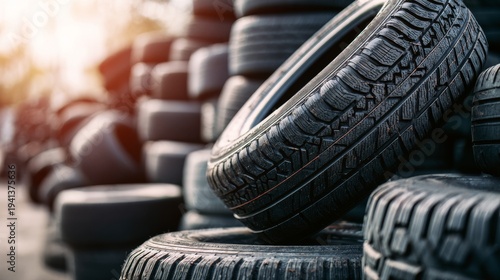 Used tires are stacked in a recycling yard during the day at an urban location with limited space