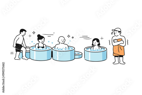 Wellness trend conformity. A group calmly entering cold tubs in sequence while one person pauses outside. Visual metaphor of following trends versus personal