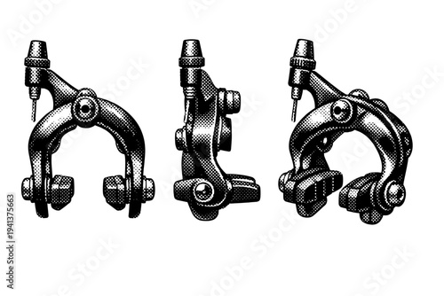 Bicycle brake caliper displayed in front view, side profile, and three-quarter angle, accurately representing pivot arms, cable housing connection, and pad