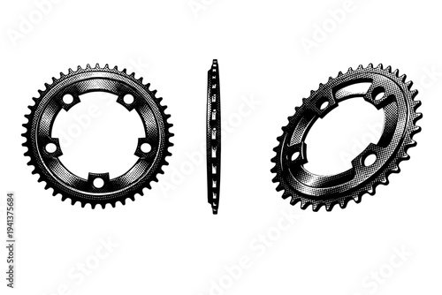 Bicycle chainring shown in front view, side profile, and three-quarter perspective, accurately depicting tooth geometry, bolt holes, and circular symmetry