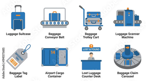 Airport Luggage Icons – Baggage Handling and Claim Illustrations