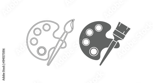 Two classic paint palettes with brushes in a minimalist line drawing style