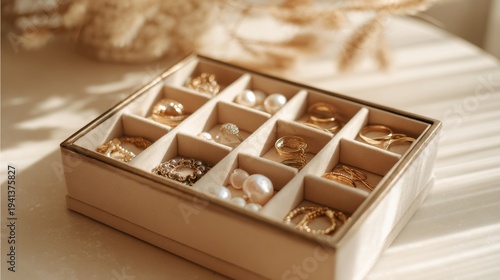 Jewelry storage box holds a variety of rings and earrings organized in sections