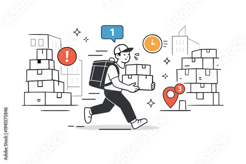 Urban delivery overload. A delivery worker navigating between buildings with stacked parcels and notification icons floating around. Feeling of pressure, time