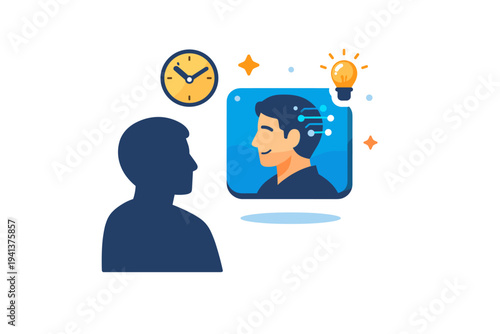 Posthumous AI avatar reflection shown as a user silhouette gazing at a floating AI-generated portrait with small clock and light icons, conveying