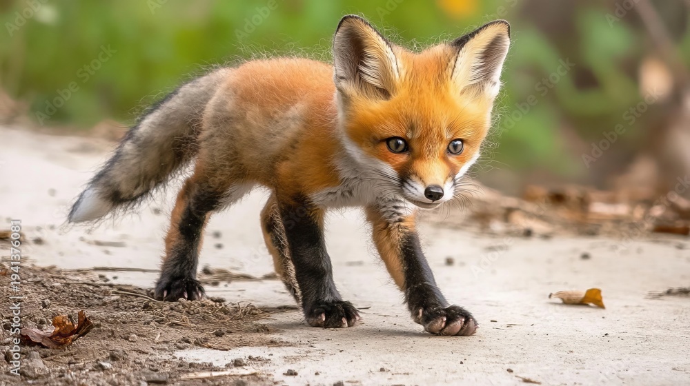 Fototapeta premium Playful Red Fox Cub on a Scenic Countryside Trail, Captivating Wildlife with Its Charm and Curiosity