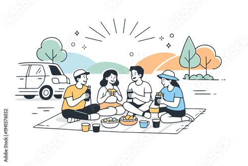 Roadside picnic celebration. Friends sitting on a blanket near a parked car, sharing snacks and drinks, calm collaboration and warm summer atmosphere. Simple