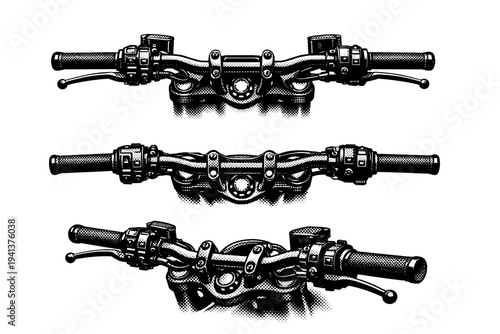 Motorcycle handlebar assembly with grips, levers, and controls presented in front, top, and perspective views emphasizing symmetry and mechanical detailing.
