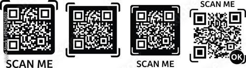Set of four black and white minimalist QR code scanner frames with scan me text and okay icon for digital marketing and mobile payment