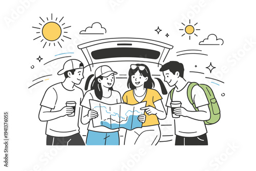 Summer road trip celebration planning. Friends gathered around the open trunk of a car, map and coffee cups in hand, discussing routes and smiling with