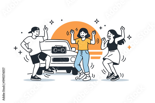 Music and dancing at a road trip stop. Portable speaker on the car hood, friends dancing casually with joyful movement, light motion lines around hands and