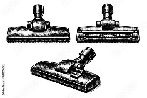 Vacuum cleaner nozzle, a realistic vacuum cleaner floor nozzle shown top view, underside view, and angled perspective as three object studies with correct