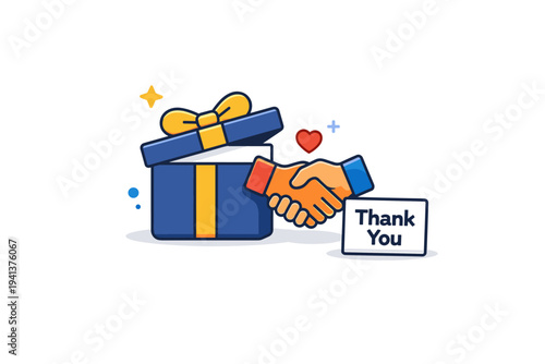 Executive client appreciation program illustrated by a premium gift box slightly open with a ribbon and a small card reading Thank You placed beside