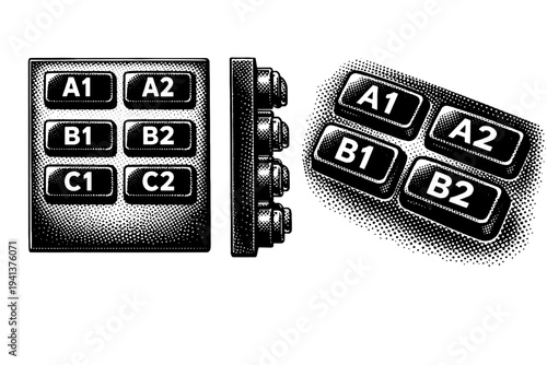 Vending machine selection buttons A realistic vending machine selection button panel with rows of buttons shown in three views: front view, side thickness