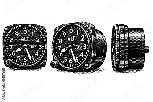 Altimeter aircraft instrument with circular dial, numeric altitude markings, and three indicator hands shown in front, angled, and side views emphasizing
