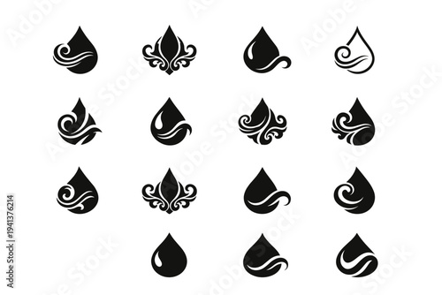 Calligraphy for tattoos. Icon set. Set Logo of calligraphy for tattoos: ink drop with swirl. harmonious logo variations of the same emblematic concept, each