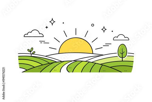 Green fields at sunrise mood. A soft editorial illustration of green fields with simple sun shapes rising above the horizon. Calm optimism, new beginnings, and