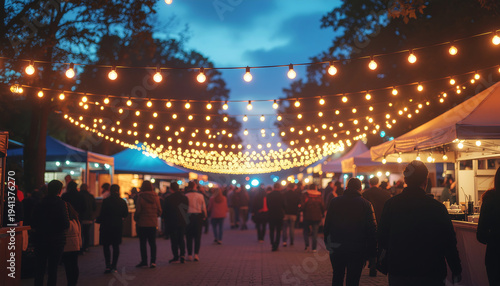 Evening outdoor festival with people walking under string lights at night market