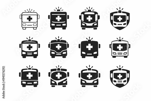 Evacuation bus. Icon set. Set Logo of evacuation bus: emergency bus front view. harmonious logo variations of the same emblematic concept, each with different