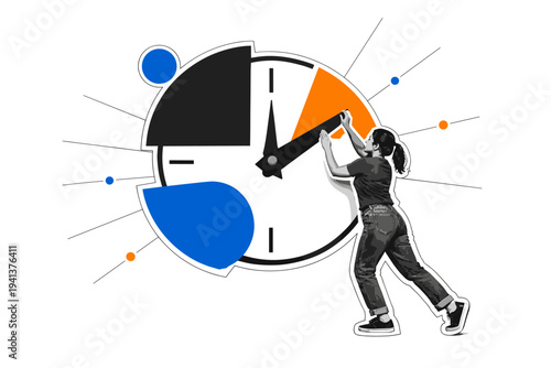A black and white realistic human figure interacting with an oversized clock, cut-out collage effect with white outline, the clock partially abstracted into