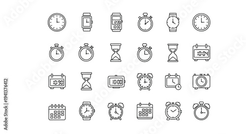 Collection of diverse clock and time-related icons in simple line art style