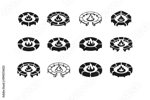 Installing an outdoor fire pit. Icon set. Set Logo of Installing an outdoor fire pit: seating circle. harmonious logo variations of the same emblematic