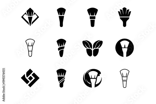 Brush. Icon set. Set Logo of Brush: cosmetic brush. harmonious logo variations of the same emblematic concept, each with different artistic interpretation