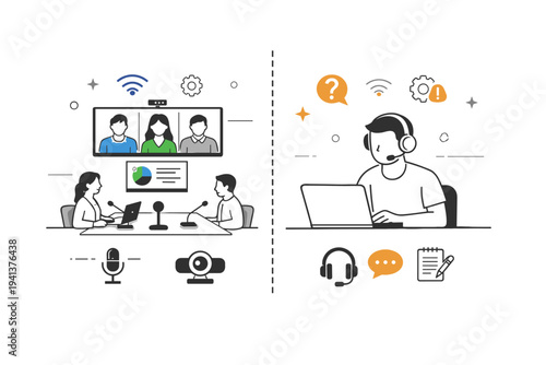 Hybrid meeting inequality tech gap. A conference room with large screens and microphones contrasted with a remote worker using basic headphones, showing uneven