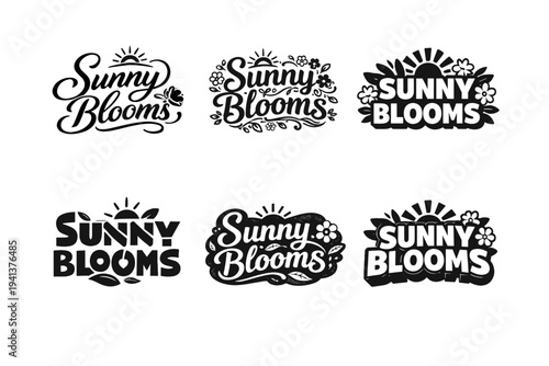 Sunny Blooms. Set lettering. harmonious lettering variations of the same emblematic concept, each with different artistic interpretation (Elegant script with