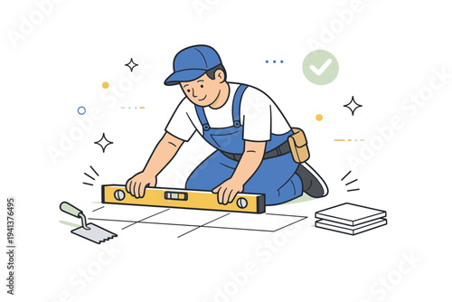 Tile alignment. A worker using a level tool to ensure perfectly straight floor tiles. Careful craftsmanship and attention to detail in a clean setting.