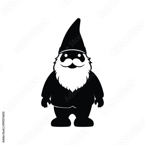 Black and white silhouette vector illustration of a gnome a pointy hat and long beard, garden gnome silhouette vector illustration