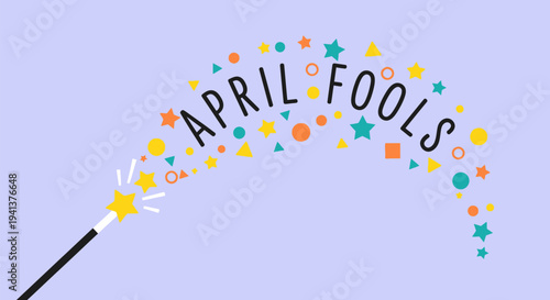 Colorful april fools' day magic wand with sparkling stars and shapes on light purple background symbolizing pranks and celebrations