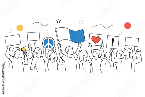 Peaceful demonstration. Crowd silhouettes with minimal faces, protest signs forming a rhythmic pattern above. Calm but powerful mood of solidarity and shared