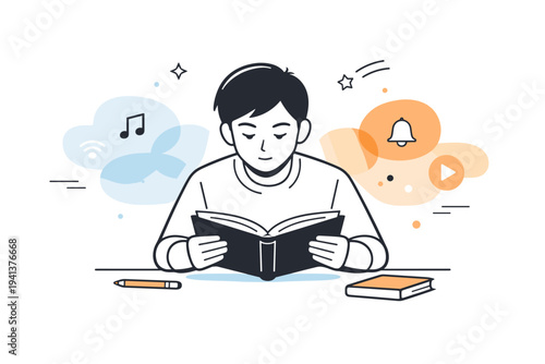 Focused studying. A student reading a book with full attention, distractions fading into abstract background shapes. Quiet concentration and inner motivation