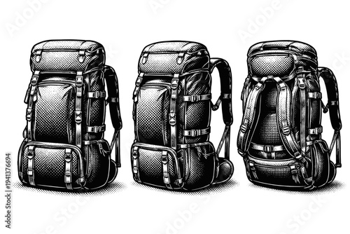 Travel backpack, a realistic travel backpack shown standing upright, compressed, and slightly tilted as three object views highlighting expandable form and