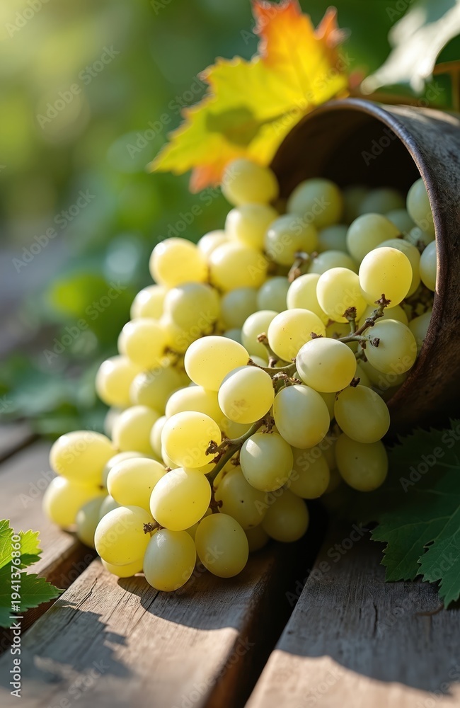 Naklejka premium Fresh green grapes spill from rustic metal container onto weathered wooden table. Autumn leaves nearby suggest harvest time. Juicy fruit is ready for eating or making wine.