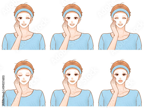 フェイスパックでスキンケアする大人男性の美容イラスト素材セット