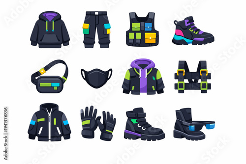 Street techwear. Colorful flat vector icons set of street techwear: oversized hoodie, cargo pants, tactical vest, high-top sneakers, crossbody bag, face mask,