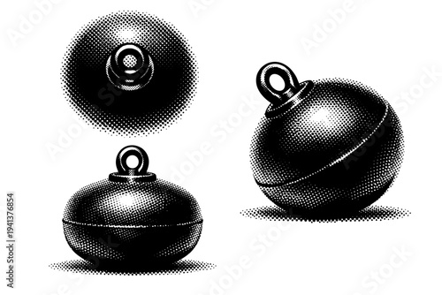 Buoy mooring float, heavy-duty mooring buoy with thick body and top eyelet shown from top view, side view, and three-quarter angle with realistic mass. Black