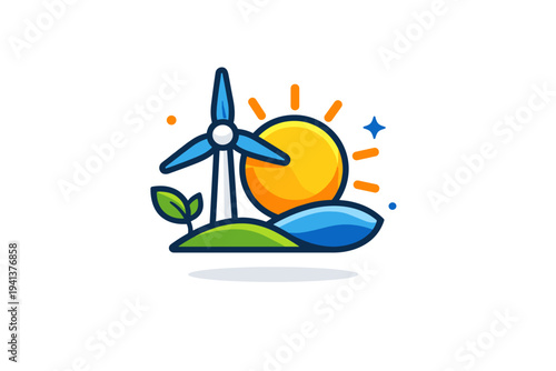 Sustainable energy symbolized by a simple wind turbine and sun combined into one balanced scene, expressing clean power and a hopeful future. The illustration